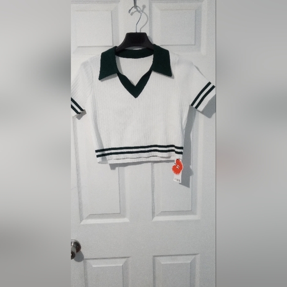 Cider Green and White Crop Top Sporty V-Neck - Picture 1 of 4